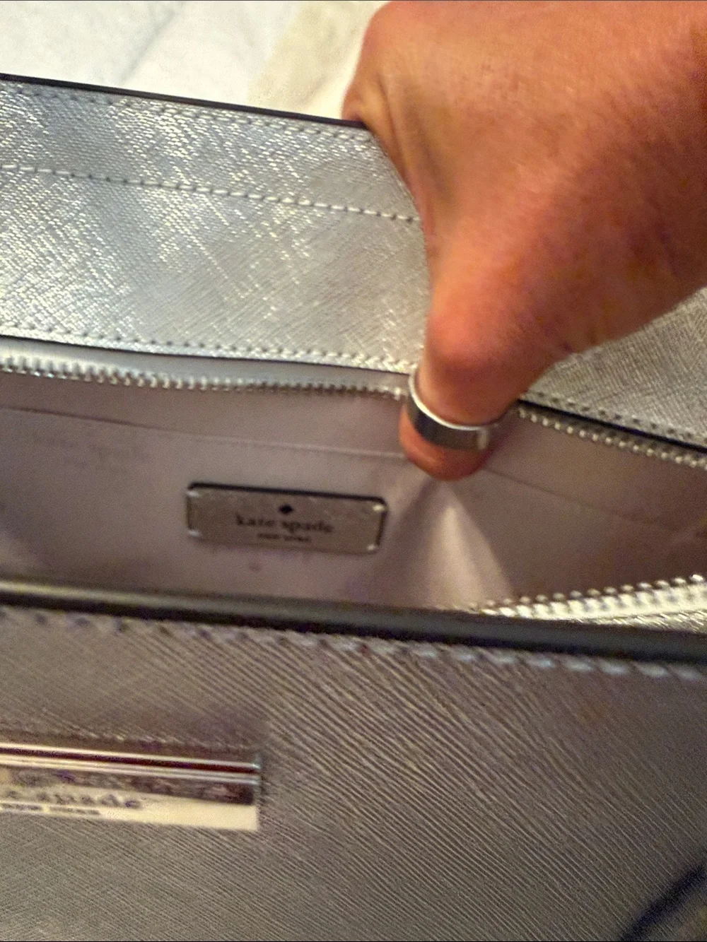 Kate Spade Silver Metallic glitter Tote with Gold Logo Plaque NWT retails $359.